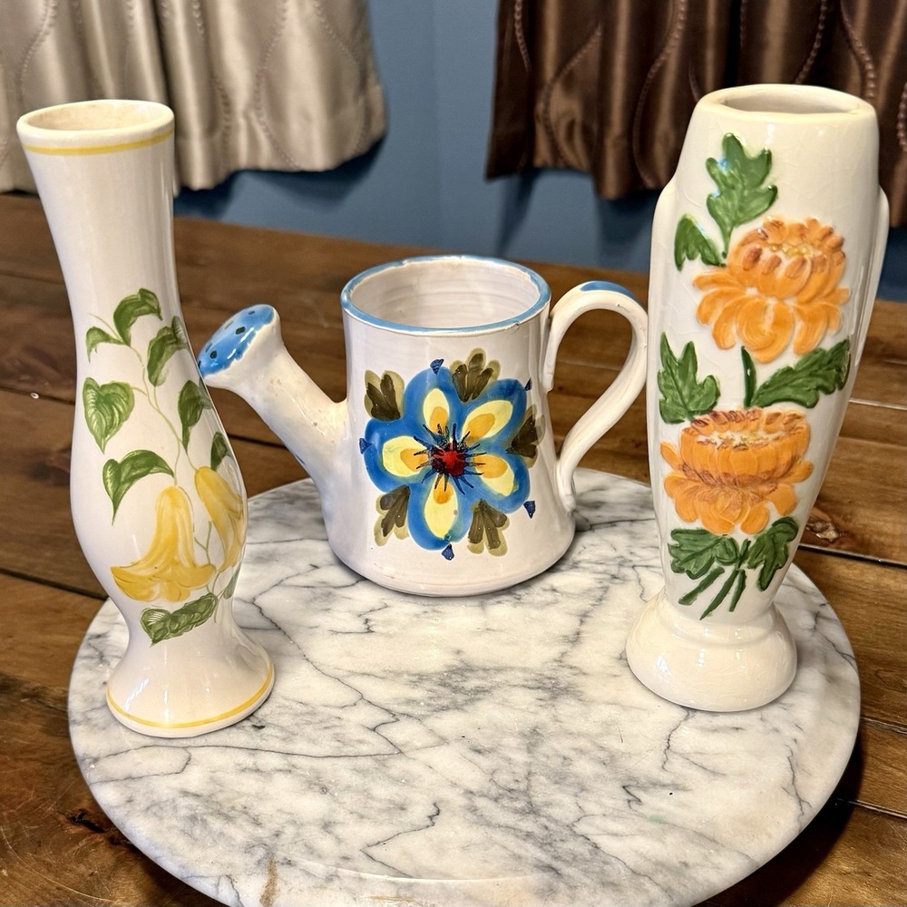 3pc VTG 70s 80s Boho Hippie Spring Ceramic Flower Vase Pot Country Granny Core